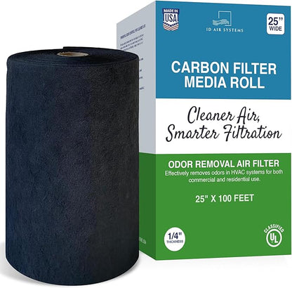 Activated Carbon Filter Media Roll - 25" x 100' x 1/4" Thick, Odor Control, Cut to Size, Filter Range Hood, AC Filter Material, Durable Carbon Filters, Made in USA
