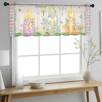 Easter Sheer Valances for Windows 60"x18", Light Filtering Kitchen Curtains Valance, Country Gnomes Duck Floral Eggs Pink Buffalo Check Rod Pocket Chiffon Curtains for Living Room Bedroom Cafe