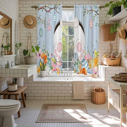 Easter Window Curtains 63 Inch Long 2 Panel Set, Rod Pocket Bedroom Curtains & Drapes, Spring Watercolor Bunny Eggs Flower Wood Grain Blue Light Filtering Window Treatment for Living Room 42"W x 63"L