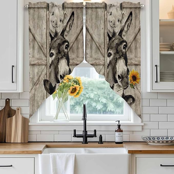 Funny Farm Animals Swag Valances for Windows, Vintage Barn Brown Sunflowers Rod Pocket Kitchen Curtains Valance, Kitchen Window Curtains Swag for Cafe Bathroom Living Room, 2 Panels, 36x63 inch