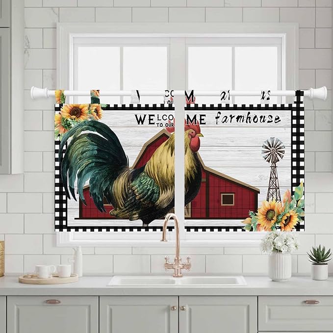 Farmhouse Rooster Kitchen Curtains 36 Inch Length, Small Window Curtains Tab Top, Rustic Red Barn Windmill Sunflowers Light Filtering Short Window Treatments Tier Drapes 27.5"x36" 2 Panel
