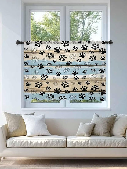 Sheer Curtains 45 Inch Length, Blue Dog Paw Print Semi Sheer Curtains Light Filtering Window Treatment, Vintage Farmhouse Rustic Wooden Grain Privacy Voile Drapes for Living Room Bedroom 52x45 Inch
