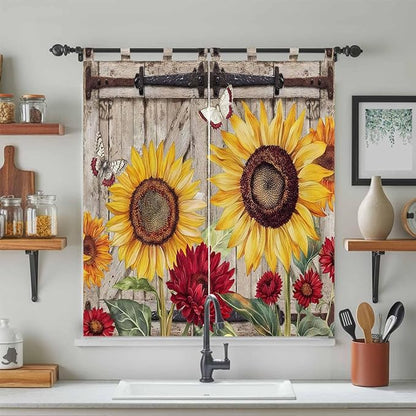 Sunflowers Bedroom Curtains 72 Inch Length, Window Curtains Tab Top, Retro Flower Barn Doors Butterfly Farmhouse Brown Light Filtering Window Treatments Drapes 52"x72" 2 Panel