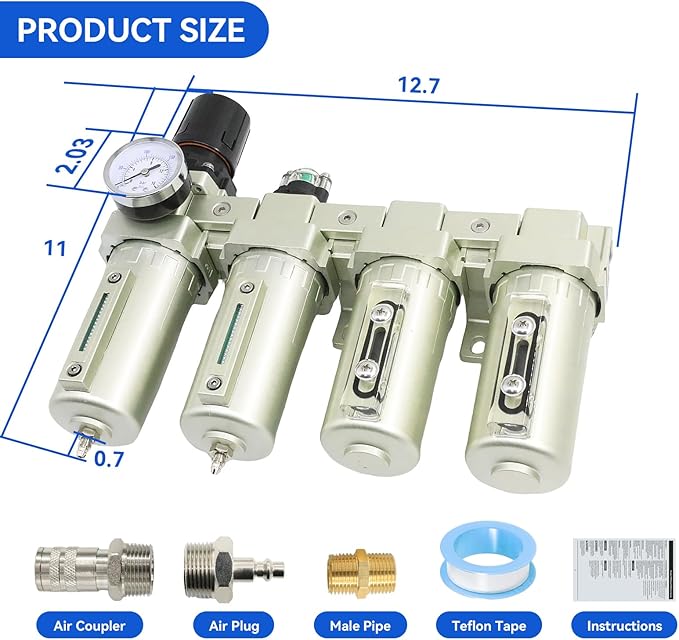 3/4" NPT Industrial Grade 4 Stage Air-Dryer-for-Compressor, Air-Compressor-Water-Separator-System for Plasma Cutter and Paint Spray, 2Filter&2Dryer, Manual Drain