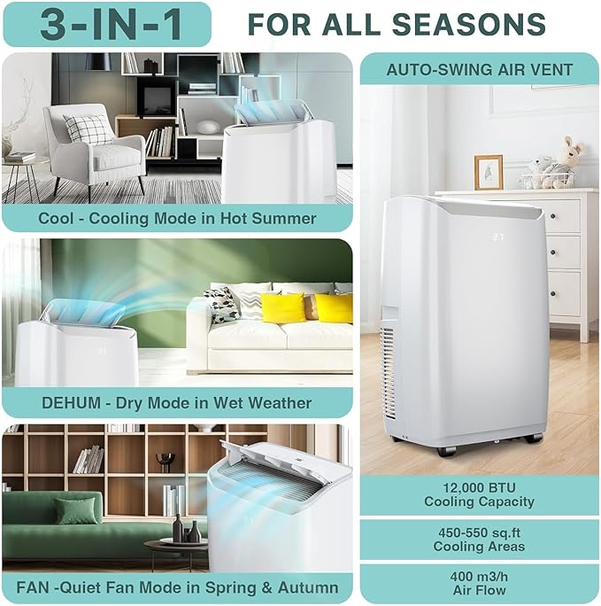 Portable Air Conditioners, 12000 BTU Portable AC for Rooms Up to 550 Sq.Ft. 3-In-1 AC with Fast Cooling, Dehumidifier & Three Speed Fan, 24H Timer/Remote Control/Ultra Quiet for Bedroom, White