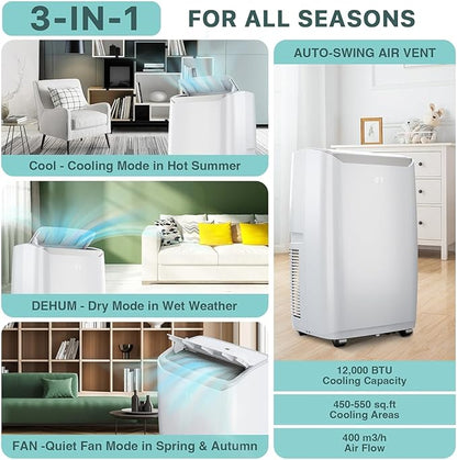 Portable Air Conditioners, 12000 BTU Portable AC for Rooms Up to 550 Sq.Ft. 3-In-1 AC with Fast Cooling, Dehumidifier & Three Speed Fan, 24H Timer/Remote Control/Ultra Quiet for Bedroom, White