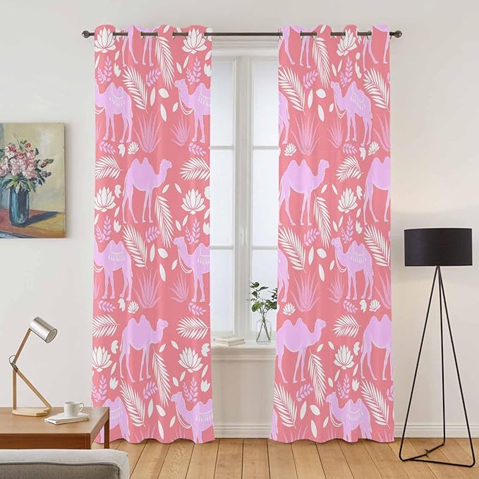 2 Panel Kitchen Cafe Curtains, Desert Camel Sunlight Filtering Nature Air Through, Window Decor Tier Curtains for Living Room 104W x 90L inch Vintage Sand Camel Leaves Flower Pattern Pink