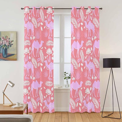 2 Panel Kitchen Cafe Curtains, Desert Camel Sunlight Filtering Nature Air Through, Window Decor Tier Curtains for Living Room 104W x 90L inch Vintage Sand Camel Leaves Flower Pattern Pink