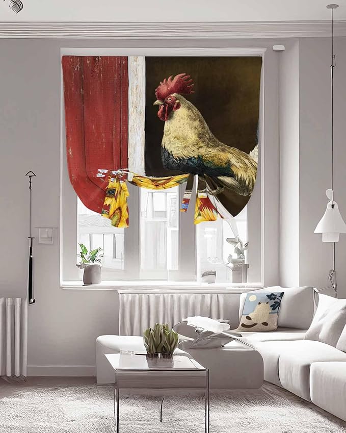 Tie Up Curtains for Windows, Chicken Sunflowers Adjustable Balloon Nature Linen Textured Kitchen Curtain, Farmhouse Animals Red Barn Bees Room Darkening Curtains for Glass Door, 42 x 45 in