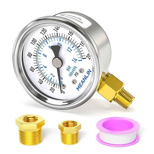 MEANLIN MEASURE 0~200Psi Dry Pressure Gauge Stainless Steel 1/8" NPT 2" FACE DIAL Waterproof for Air Compressor Air Regulator Water Filter Lower Mount, with 1/4" NPT and 3/8" NPT Hex Bushing