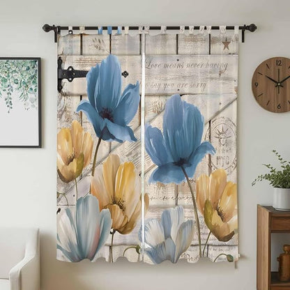 Blue Yellow Tulips Living Room Curtains 84 Inch Length, Window Curtains Tab Top, Retro Farmhouse Flower Barn Doors Wooden Light Filtering Window Treatments Drapes 52"x84" 2 Panel