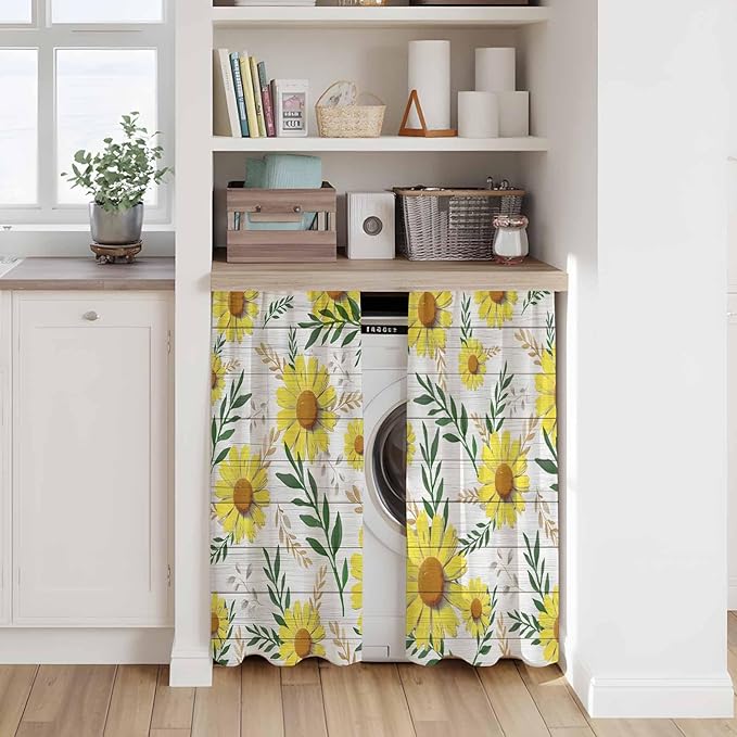 Yellow Daisy Kitchen Curtains, Farmhouse Country Flower Leaf Plant Wood Grain Light Filtering Window Curtain Panels, 2Pcs Rod Pocket Window Treatments Set for Cabin Bathroom Bedroom 52x45 Inches