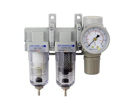 PneumaticPlus SAU230-N02G Three Stage Air Drying System, 1/4" NPT - Particulate Air Filter, Coalescing Filter, Air Pressure Regulator Combo - Poly Bowl, Manual Drain, Bracket, Gauge