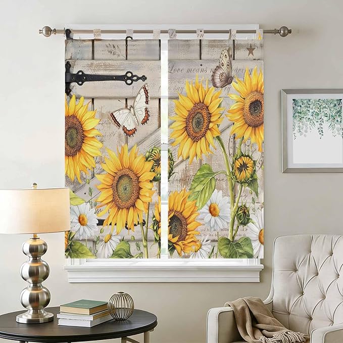 Farm Flowers Living Room Curtains 84 Inch Length, Window Curtains Tab Top, Retro Sunflowers Barn Doors Butterfly Wood Board Light Filtering Window Treatments Drapes 42"x84" 2 Panel