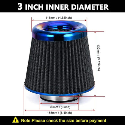 Cold Air Intake Filter, High Performance, Washable Filter, Clamp-On Replacement Air Filter, Flange Diameter 3inch/76mm Black