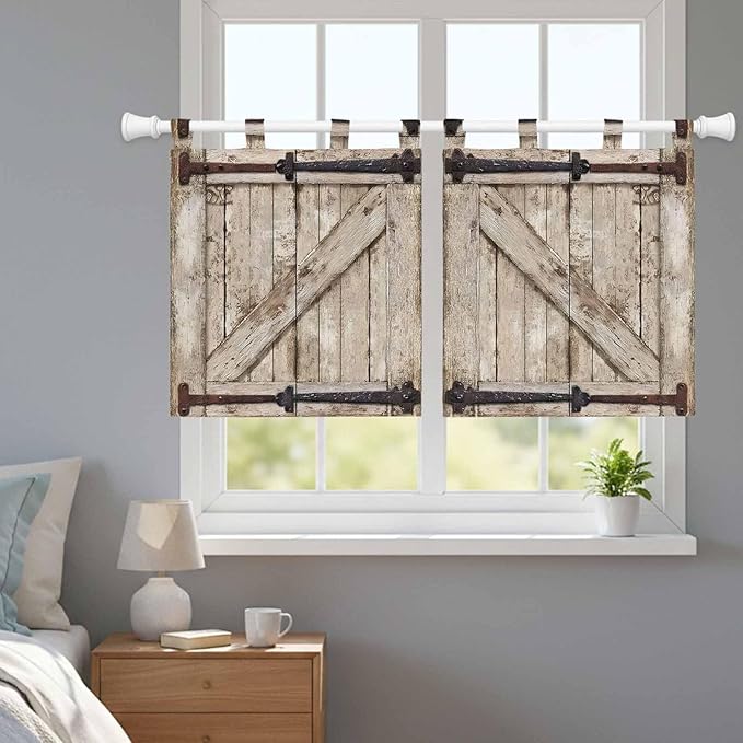 Farmhouse Wood Grain Kitchen Curtains 36 Inch Length, Small Window Curtains Tab Top, Vintage Country Barn Gate Brown Light Filtering Short Window Treatments Tier Drapes 27.5"x36" 2 Panel