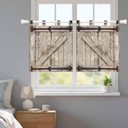 Farmhouse Wood Grain Kitchen Curtains 24 Inch Length, Small Window Curtains Tab Top, Vintage Country Barn Gate Brown Light Filtering Short Window Treatments Tier Drapes 27.5"x24" 2 Panel