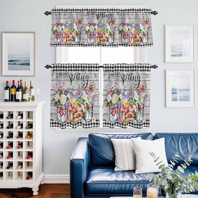Kitchen Curtains Tiers and Valance Set of 3, Spring Flowers Light Filtering Window Curtain Set, Farmhouse Black Plaid Wood Grain Rod Pocket Curtain Drapes for Cafe, Living Room, 36 Inches Tiers