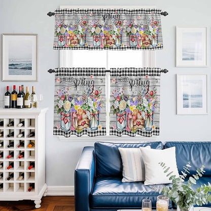 Spring Flowers Kitchen Curtains Set 3 Piece for Windows, Rod Pocket Valance and Tier Set 24 Inch Length, Farmhouse Black Plaid Wood Grain Light Filtering Cafe Curtains for Living Room Bathroom