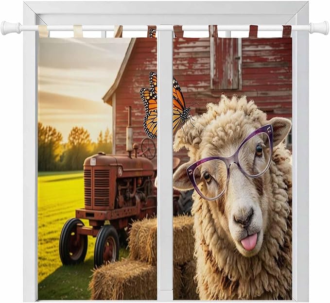 Farm Sheep Bathroom Curtains 63 Inch Length, Window Curtains Tab Top, Farmhouse Barn Funny Animals Butterfly Light Filtering Window Treatments Drapes 52"x63" 2 Panel