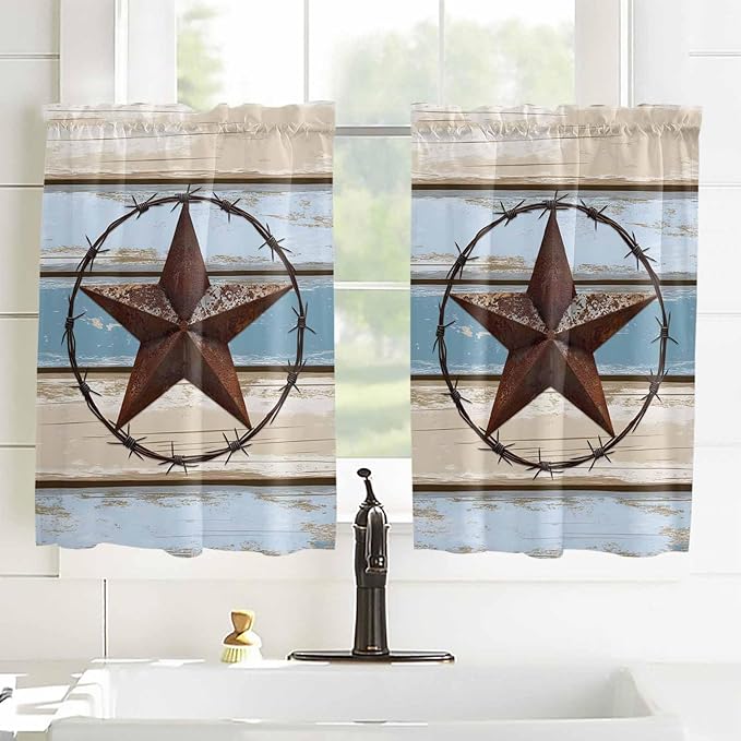 Vintage Western Star on Wood Grain Window Valance Curtains, Retro Wooden Texture Light Filtering Kitchen Valance with 3-inch Rod Pocket for Living Room Bathroom Bedroom,2 Panel,52x54In