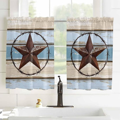 Vintage Western Star on Wood Grain Window Valance Curtains, Retro Wooden Texture Light Filtering Kitchen Valance with 3-inch Rod Pocket for Living Room Bathroom Bedroom,2 Panel,52x54In