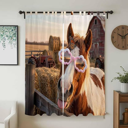 Farm Horses Living Room Curtains 96 Inch Length, Window Curtains Tab Top, Farmhouse Barn Funny Animals Butterfly Light Filtering Window Treatments Drapes 52"x96" 2 Panel