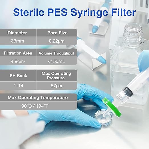 SimPure Sterile Syringe Filter PES 200 Pack, 0.22um Pore Size, 33mm Membrane Diameter, Hydrophilic Filtration High Throughput Sterile Packed Individually
