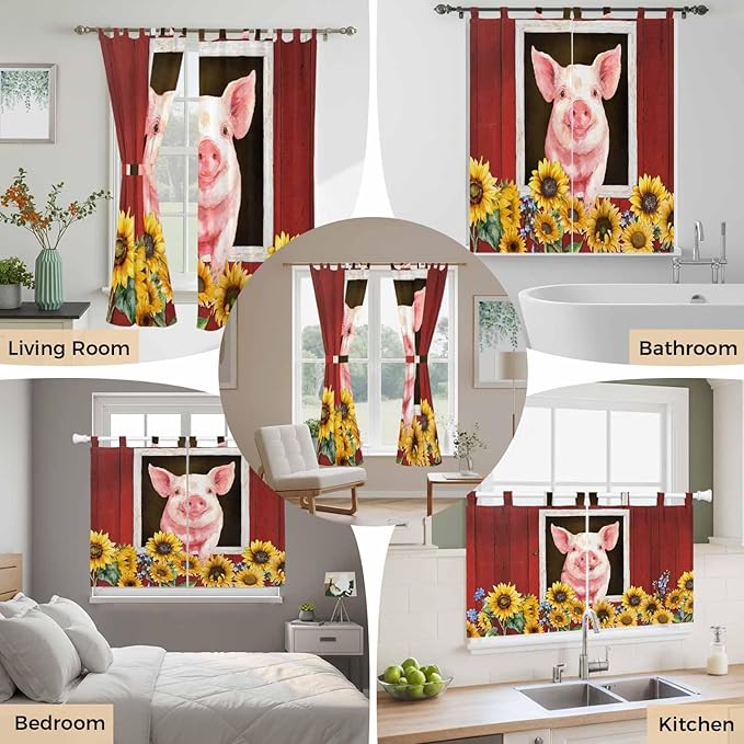Pigs Sunflowers Living Room Curtains 84 Inch Length, Window Curtains Tab Top, Farmhouse Red Barn Flowers Animals Light Filtering Window Treatments Drapes 42"x84" 2 Panel