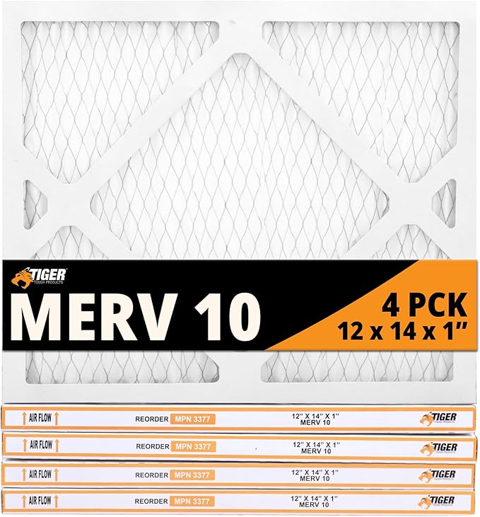 Tiger Tough MERV 10 Air Filters, 12x14x1 – MPR 1000 Pleated HVAC AC Furnace Filter Replacement for Home, Pack of 4