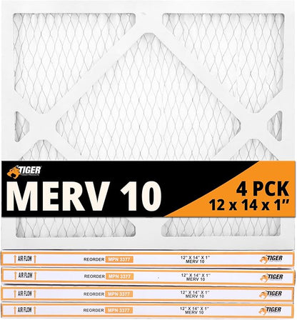 Tiger Tough MERV 10 Air Filters, 12x14x1 – MPR 1000 Pleated HVAC AC Furnace Filter Replacement for Home, Pack of 4