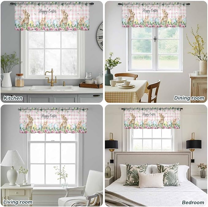 Easter Sheer Valances for Windows 42"x12", Light Filtering Kitchen Curtains Valance, Spring Watercolor Bunny Eggs Flower Leaf Pink Plaid Rod Pocket Chiffon Curtains for Living Room Bedroom Cafe