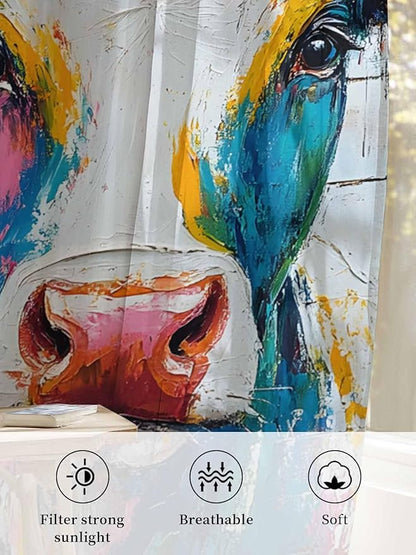 Sheer Curtains 45 Inch Length, Farmhouse Oil Painting Semi Sheer Curtains Light Filtering Window Treatment, Colorful Cow Animal Wooden Grain Privacy Voile Drapes for Living Room Bedroom 52x45 Inch