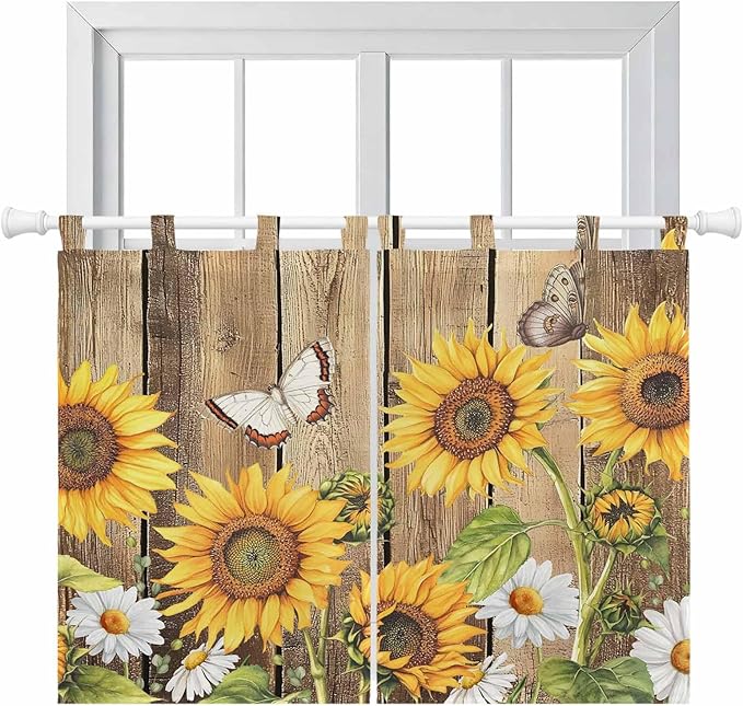 Farmhouse Sunflowers Bedroom Curtains 63 Inch Length, Window Curtains Tab Top, Rustic Floral Buttterfly Wood Board Brown Light Filtering Window Treatments Drapes 42"x63" 2 Panel