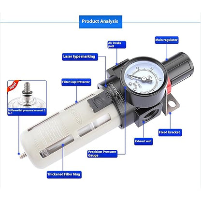 Compressed Air Pressure Filter Regulator Airtac BFR2000-C 1/4'' NPT 0-140 PSI Combo Piggybac Adjustable,Bracket,Gauge Semi-Auto Drain