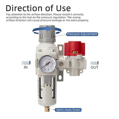 Industrial Air Compressor Filter Regulator Combo 3/8" NPT 0-150 PSI Gauge,Semi-Auto Drain,Pressure relief 3 port valve,5 Micron Water Separator for Pneumatic Tools