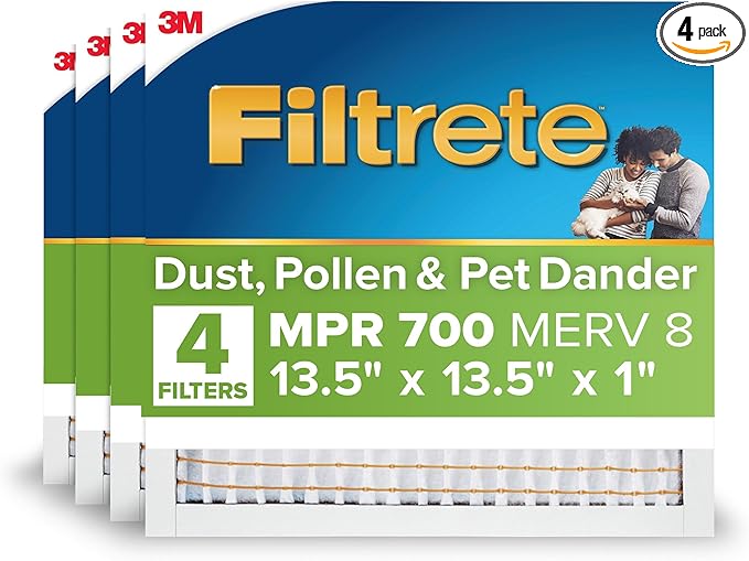 Filtrete 13.5x13.5x1 AC Furnace Air Filter, MERV 8, MPR 700, Tough on Pollen, Easy on Airflow, 3-Month Pleated 1-Inch Electrostatic Air Cleaning Filter, 4-Pack (Actual Size 13.19 x 13.19 x 0.81 in)