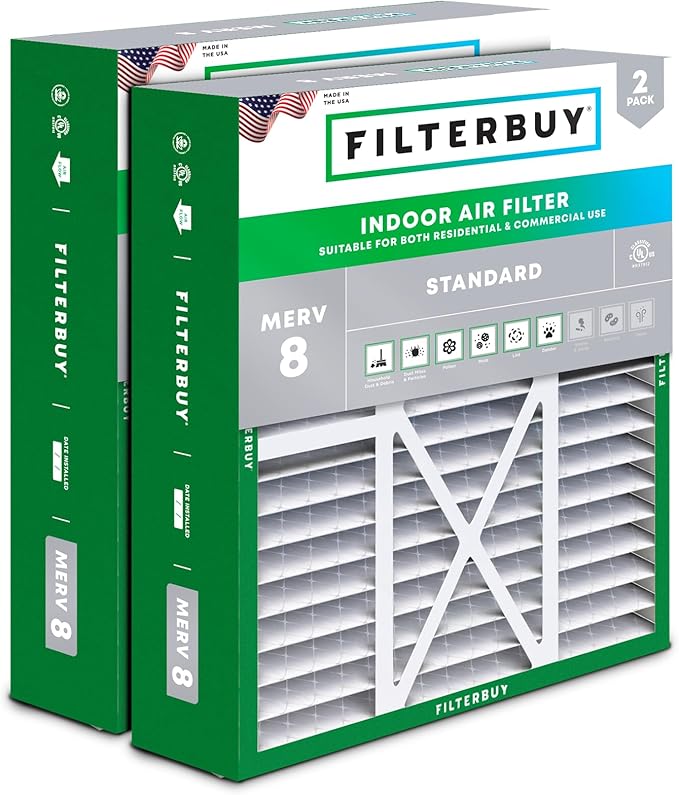 Filterbuy 20x22x5 Air Filter MERV 8 Essential Dust & Allergy Defense (2-Pack), Pleated HVAC AC Furnace Filters for Amana, Goodman, Nordyne, and Five Seasons (Actual Size: 19.50 x 21.94 x 5.25)