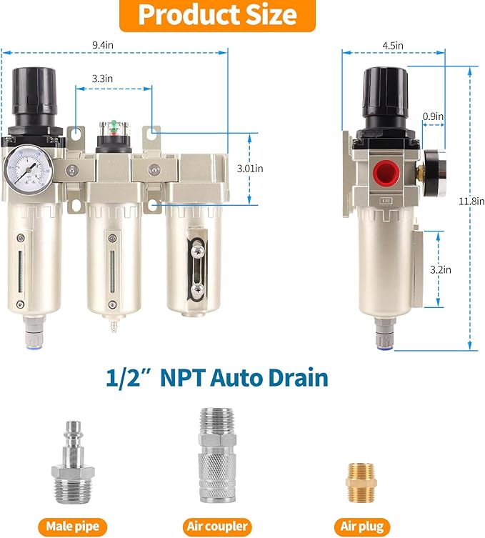1/2" NPT Industrial Grade 3 Stage Air Compressor Drying System, 0-240 PSI, Particulate & Coalescing Filters, Auto Drain Air Compressor Water Separator System Filter Oil for Paint Spray＆ Plasma Cutter