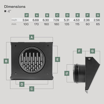 Vent Systems 4" Inch Exhaust Vent Cover with Rubber Gasket - Graphite Black Galvanized Steel - Robust Weatherproof Outdoor Air Exhaust Box - Duct or Surface Mounting - Rain and Snow Protection