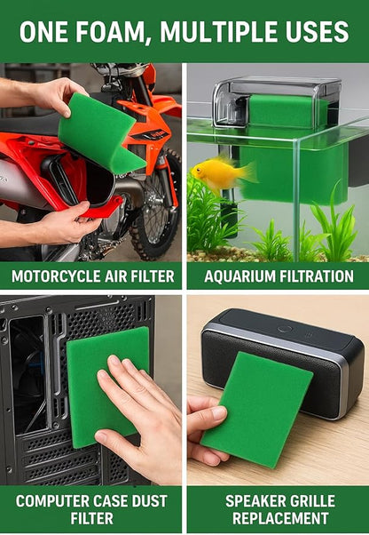 Universal Foam Air Filter Material Sheet – 14" x 17" x 5/8", 65 PPI Green Fine Foam – Reusable, Washable, Trim-to-Fit Air Filter for Motorcycle, ATV, UTV, Dirt Bike, Small Engine, HVAC, Aquarium