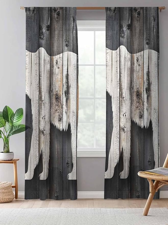 Sheer Curtains 96 Inches Long, White Brown Bear Semi Sheer Curtains Light Filtering Window Treatment, Farmhouse Country Vintage Wood Grain Privacy Voile Drapes for Living Room Bedroom 52x96 Inch