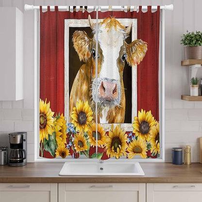 Cows Sunflowers Living Room Curtains 84 Inch Length, Window Curtains Tab Top, Spring Floral Bees Farmhouse Barn Light Filtering Window Treatments Drapes 52"x84" 2 Panel