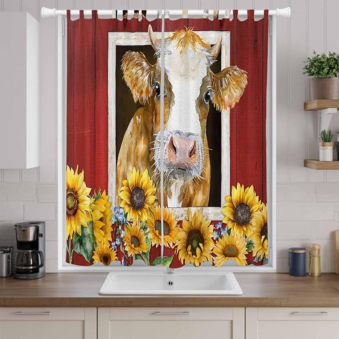 Cows Sunflowers Living Room Curtains 96 Inch Length, Window Curtains Tab Top, Spring Floral Bees Farmhouse Barn Light Filtering Window Treatments Drapes 52"x96" 2 Panel