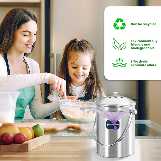PURIMADE 10Pack 7.25 Inch Charcoal Filters for Compost Bucket with Cutting Template & Trash Can Bag Holder Clip, Universal Size Compost Bin Filter, Compost Filters for Countertop Bin