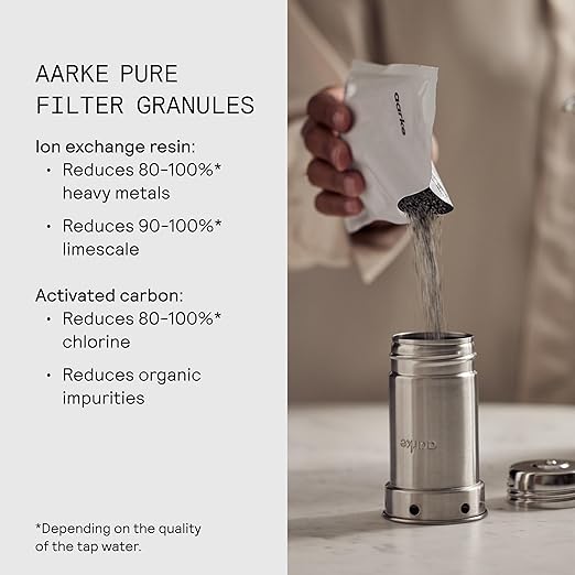 Aarke Purifier Regular 1.18L Glass Pitcher Bundle w/Steel Filter, BPA-Free, 4 Pure Refill Granules - Filters Heavy Metals