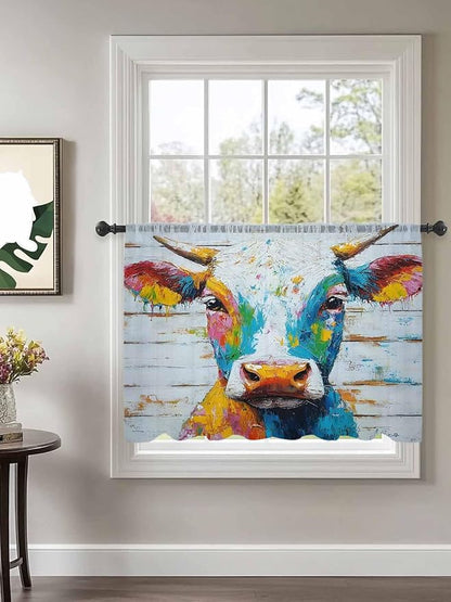 Sheer Curtains 54 Inch Length, Funny Colorful Cow Semi Sheer Curtains Light Filtering Window Treatment, Retro Rustic Oil Painting Wood Grain Privacy Voile Drapes for Living Room Bedroom 52x54 Inch
