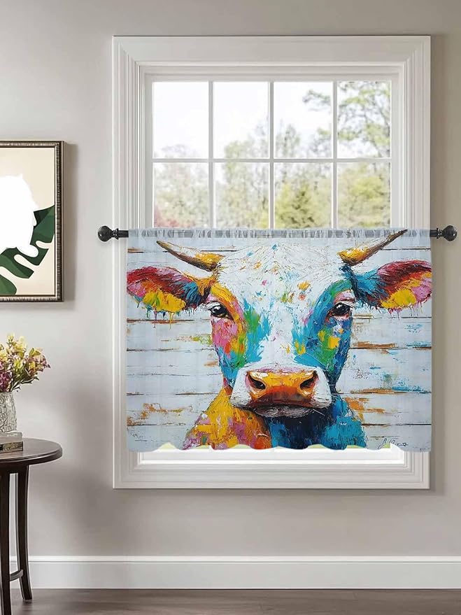 Sheer Curtains 45 Inch Length, Funny Colorful Cow Semi Sheer Curtains Light Filtering Window Treatment, Retro Rustic Oil Painting Wood Grain Privacy Voile Drapes for Living Room Bedroom 52x45 Inch