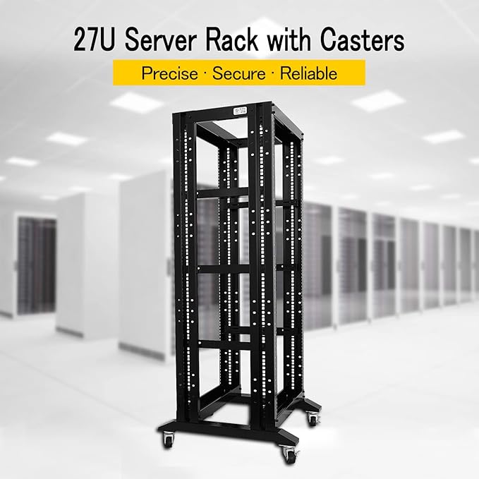 RAISING ELECTRONICS 27U 4 Post Open Frame Network Server Rack 19inch Width 600mm deep with 3 Pairs of L Rail