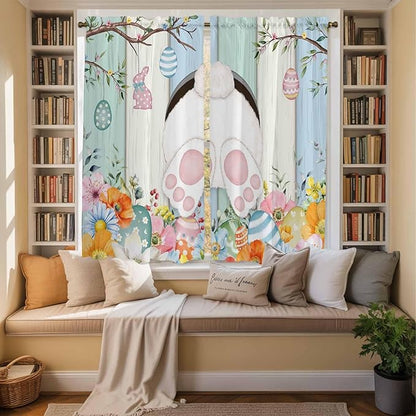 Easter Window Curtains 63 Inch Long 2 Panel Set, Rod Pocket Bedroom Curtains & Drapes, Spring Watercolor Bunny Eggs Wood Grain Teal Blue Light Filtering Window Treatment for Living Room 42"W x 63"L